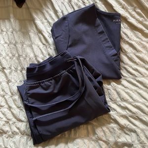 Blue/gray mandala scrub top and high waisted bottoms